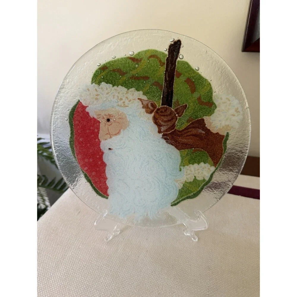 Peggy Karr Fused Art Glass Plate Kris Kringle Santa Claus Design 8 Inches Round
